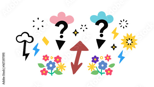 Colorful weather symbols and flowers clouds lightning