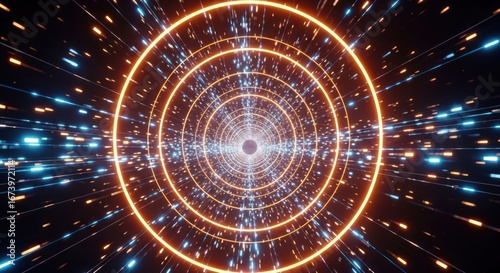 Rings of light and blue streaks forming a tunnel