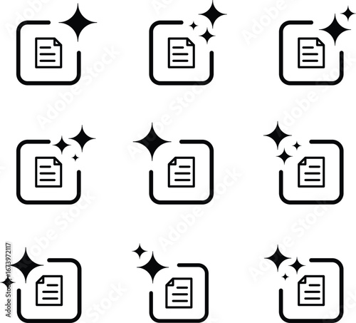 Collection of AI document icons in minimalist flat vector style, paper page with text lines and sparkle stars in rounded square tile. Ideal for editor UI, toolbar, buttons. Vector illustration.