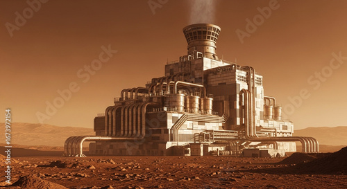 An imposing structure of intricate design stands majestically against a vast, desolate landscape, bathed in the warm glow of an otherworldly atmosphere.