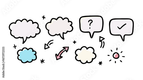 Comic speech bubbles with question and checkmark thought bubble