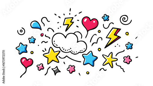 Comic style doodle elements stars hearts