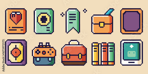 Pixel Art. Inventory. UI Icons. A retro 8-bit vector collection of game inventory and user interface icons for an RPG, a mobile app, or a nostalgic 80s-themed graphic design project.
