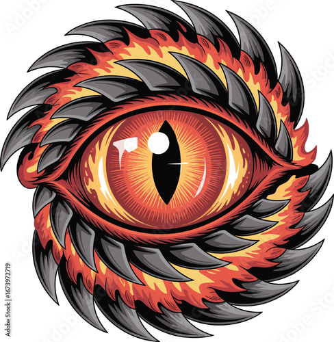 Fiery dragon eye with blazing scales and sharp spikes, fantasy illustration perfect for tattoos, gaming, book covers, or posters