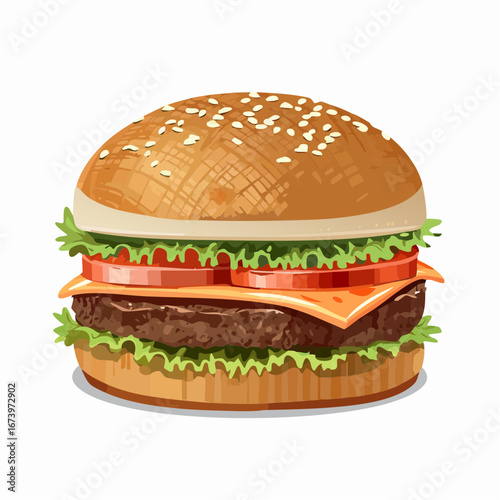 Juicy Cheeseburger with Sesame Seed Bun and Fresh Vegetables