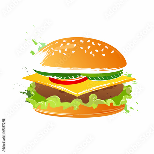 Juicy Cheeseburger with Sesame Seed Bun and Fresh Vegetables