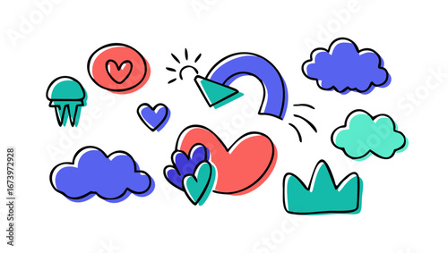 Cute doodle elements hearts clouds crown jellyfish