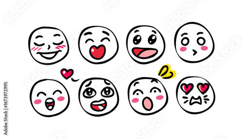 Cute doodle expressions with hearts and blush emoji