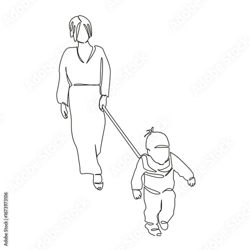 One continuous single drawing line art flat doodle mother, child, girl, daughter, outdoors, childhood, togetherness, leash. Isolated image hand draw contour on a white background, hand drawn, not AI