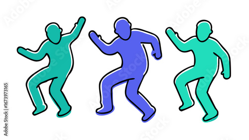 Dancing figures in teal and purple silhouettes people