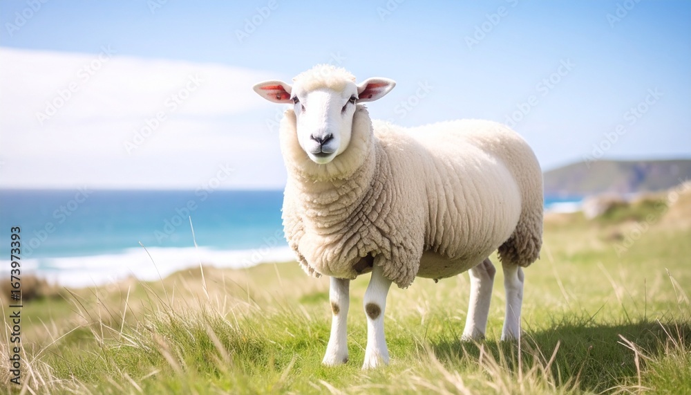 Fototapeta premium A beautiful white sheep with detailed wool fleece standing on a lush green grassy hill under a bright blue sky