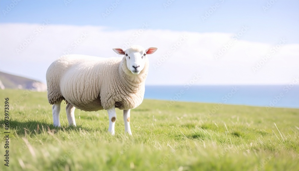 Fototapeta premium Close-up of a fluffy sheep standing in a green field with the sea in the background