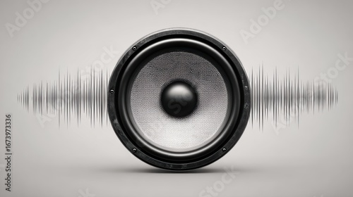 Large Black and Silver Speaker with Sound Wave Graphic on a Light Gray Background