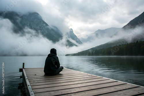 Solitary woman wearing purple hoodie watching tranquil overcast morning scene at lake Bohinj, Alps mountains, Slovenia.