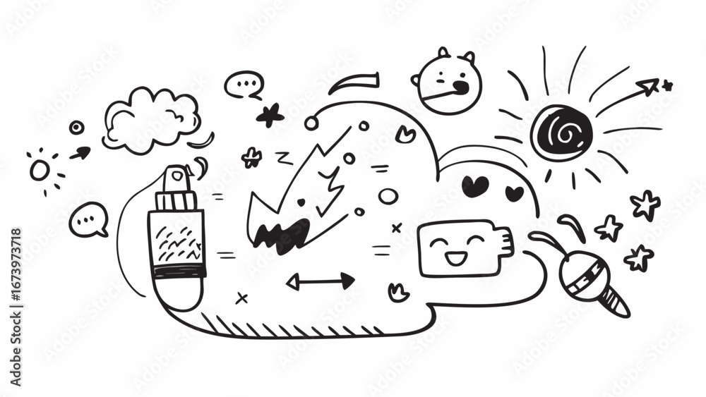 Fototapeta premium Doodle collection with happy characters and objects