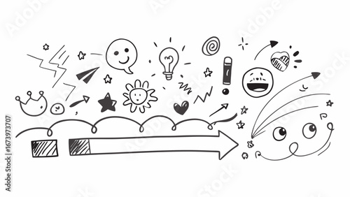 Doodle collection with happy faces and arrows drawing