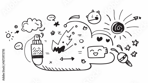 Doodle collection with happy characters and objects