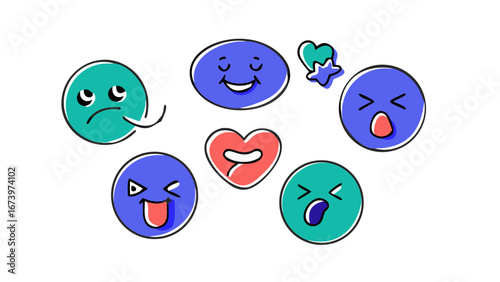 Expressive doodle faces and heart emojis expressions