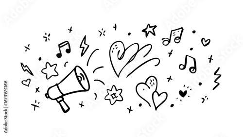 Expressive doodles with hearts and music notes hand drawn