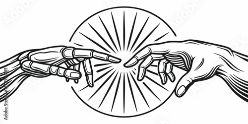 Creation of Adam. Robot. A modern vector illustration in a classic engraving style of a human and robot hand touching for a technology poster, a science fiction book cover, or a t-shirt.