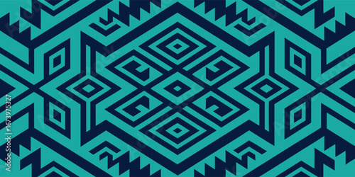 Geometric. Pattern. Ethnic. A seamless vector background with an intricate teal tribal or mayan-inspired design for a modern textile print, a website background, or a decorative wallpaper.