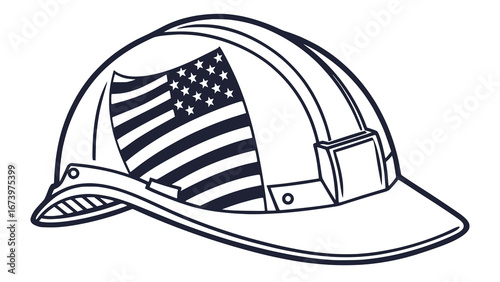 Minimalist vector of construction helmet with American flag inside, flat clean design, white background, Labor Day symbol
