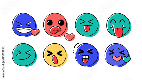 Hand drawn emoji faces with various expressions blue