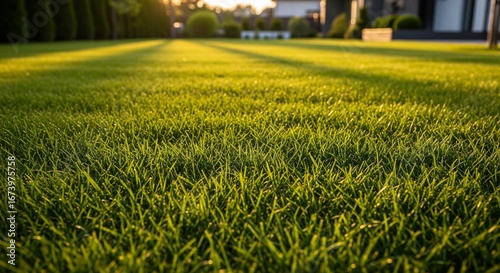 A lush, healthy Zoysia lawn in a residential backyard, glowing in the late afternoon sun.