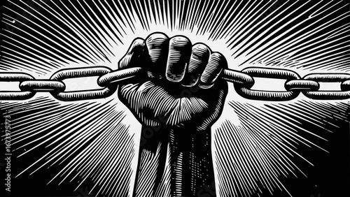 Vector illustration of worker fist breaking chain, flat bold design, white background, freedom and unity symbol