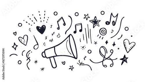 Hand drawn megaphone and music notes doodle celebration