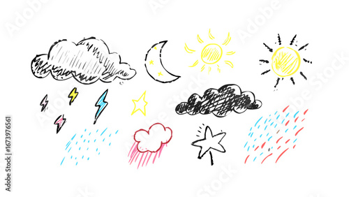 Hand drawn weather icons clouds rain