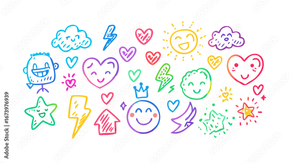 Fototapeta premium Happy doodle characters and symbols illustration cute