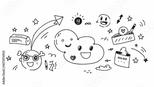 Happy doodle characters and objects illustration