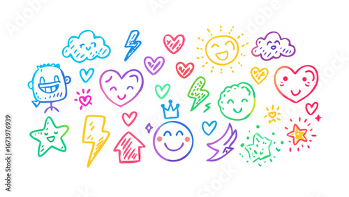 Happy doodle characters and symbols illustration cute