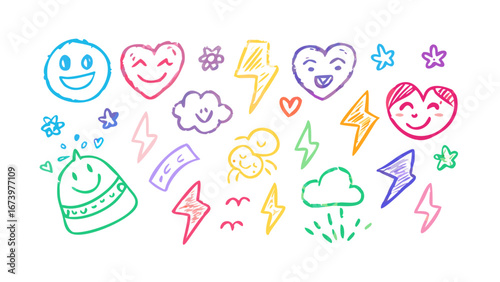 Happy faces lightning clouds and hearts lightning bolts