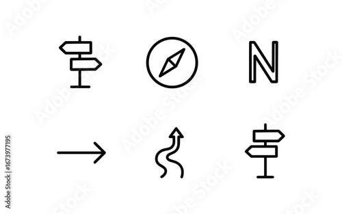 simple outline stroke icon isolated on white background: direction compass dial north mark arrow line path road guide sign