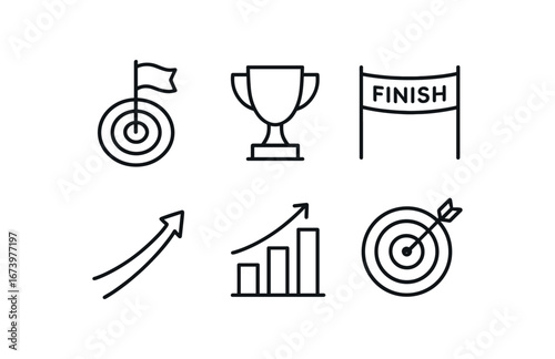simple outline stroke icon isolated on white background: achievement goal trophy cup finish ribbon climb arrow chart bar icon