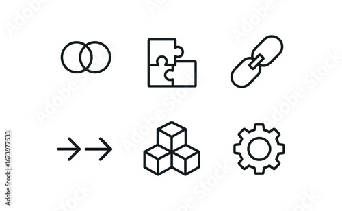 simple outline stroke icon isolated on white background: combination puzzle fit chain links arrow join cube parts gear icon