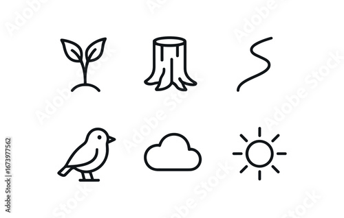 simple outline stroke icon isolated on white background: nature tree trunk river line bird icon cloud arc sun rays