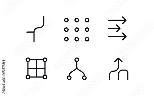 simple outline stroke icon isolated on white background: joint combination mixed dots flow arrows structure grid shared mark merged line