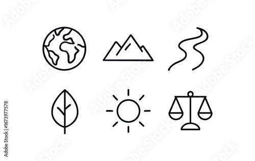 simple outline stroke icon isolated on white background: earth biosphere mountain line river flow leaf mark sun glow balance wheel