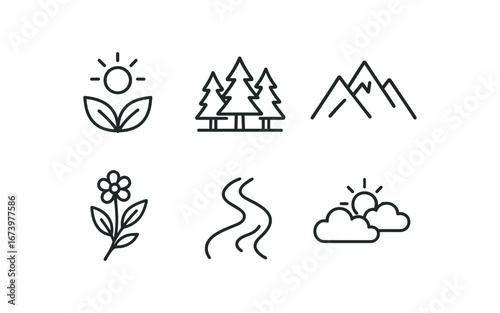 simple outline stroke icon isolated on white background: pure nature forest edge mountain ridge flower sprig stream flow sky glow