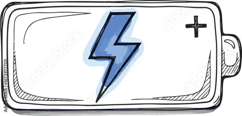 Hand-drawn sketch of a battery with a blue lightning bolt symbol, representing power and charging status.