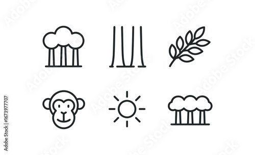 simple outline stroke icon isolated on white background: forest canopy tall trunks dense leaves monkey icon sunlight upper layer