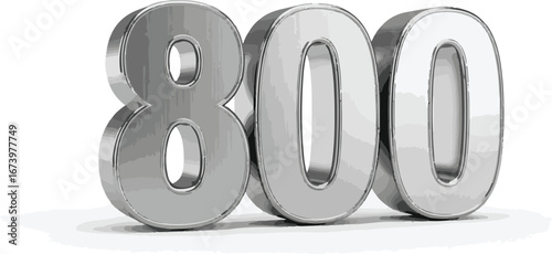 Three-dimensional rendering of the number 800 in a polished silver finish, casting a subtle shadow, ideal for conveying scores, percentages, or high numerical values