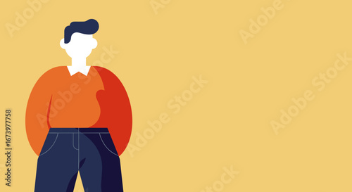Minimalist illustration of a person in an orange sweater and blue jeans on a yellow background with ample copy space. Ideal for business, lifestyle, or general communication themes.
