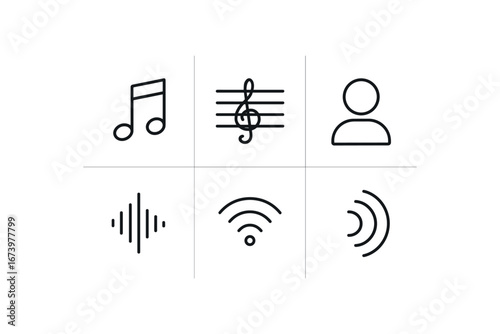 simple outline stroke icon isolated on white background: note music staff round head stem line sound wave echo arc