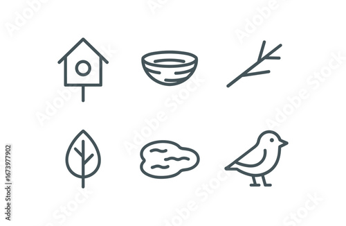 simple outline stroke icon isolated on white background: habitat nest form tree branch leaf bed water pool bird icon
