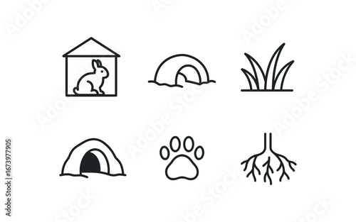 simple outline stroke icon isolated on white background: animal habitat burrow hole grass patch cave entry footprint root base
