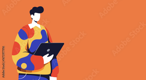 Stylized illustration of a person focused on a laptop against a vibrant orange background, representing digital work, creativity, and modern technology. Ideal for business and lifestyle concepts.